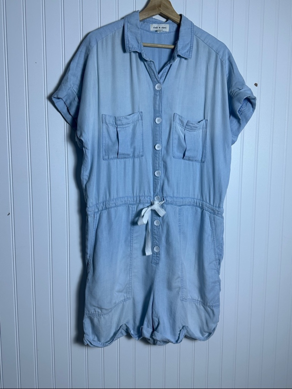 Cloth & Stone Anthropologie Sz S Relaxed Chambray Utility Romper Drawstring - Picture 8 of 10